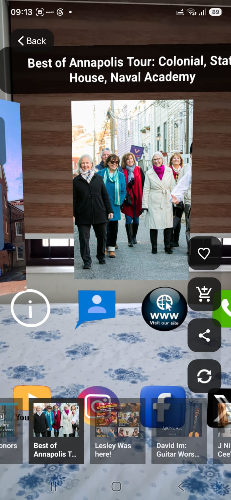 AR drop for the Best of Annapolis walking tour with in-AR CTAs for info, profile, website, cart, call and share