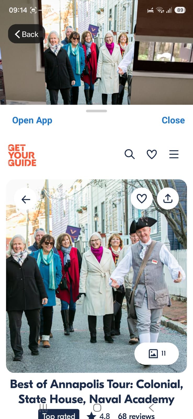 Anchored Annapolis tour drop opening the GetYourGuide booking page in-app
