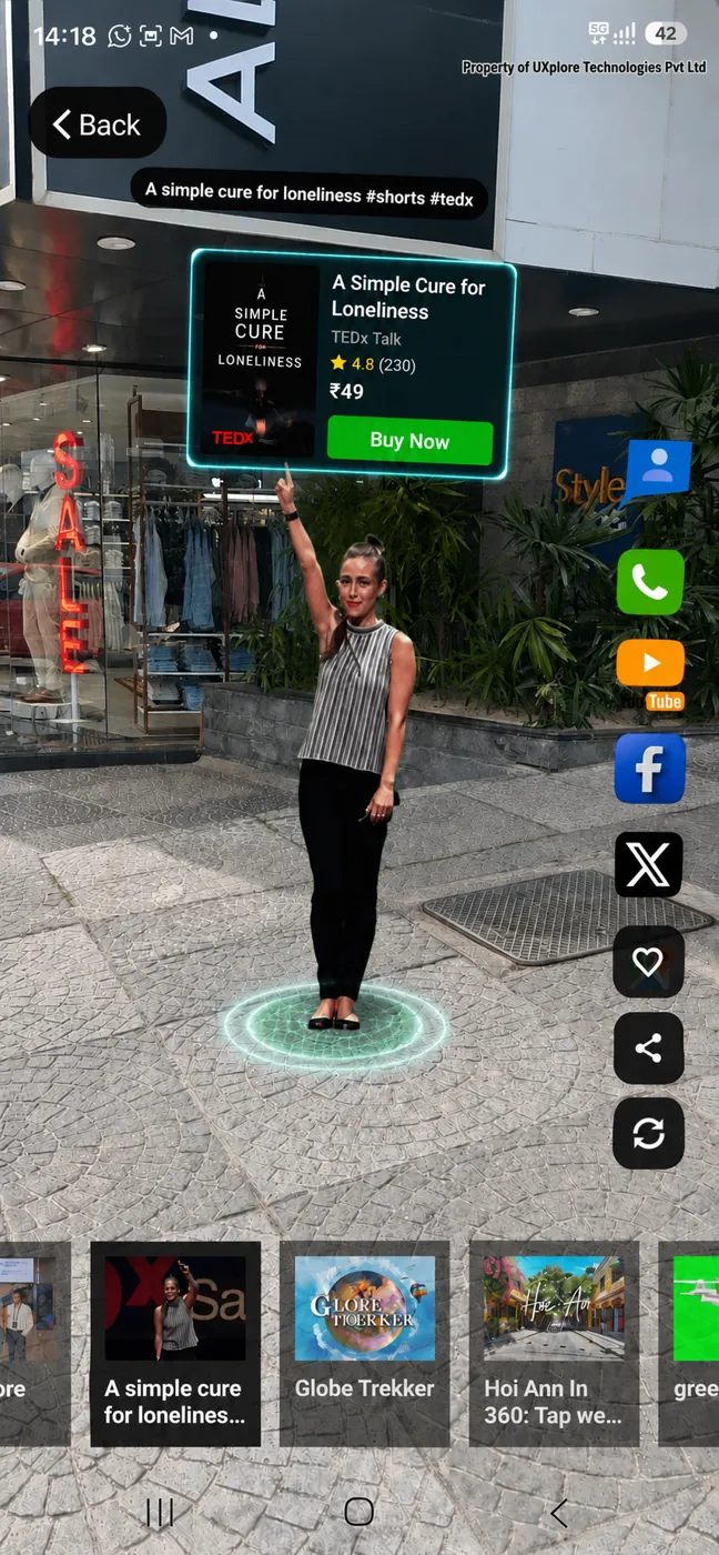 AR drop with call-to-action buttons anchored at a retail storefront