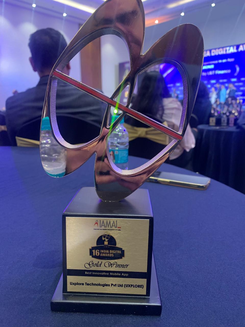 Close-up of the India Digital Awards Gold trophy for Best Innovative Mobile App