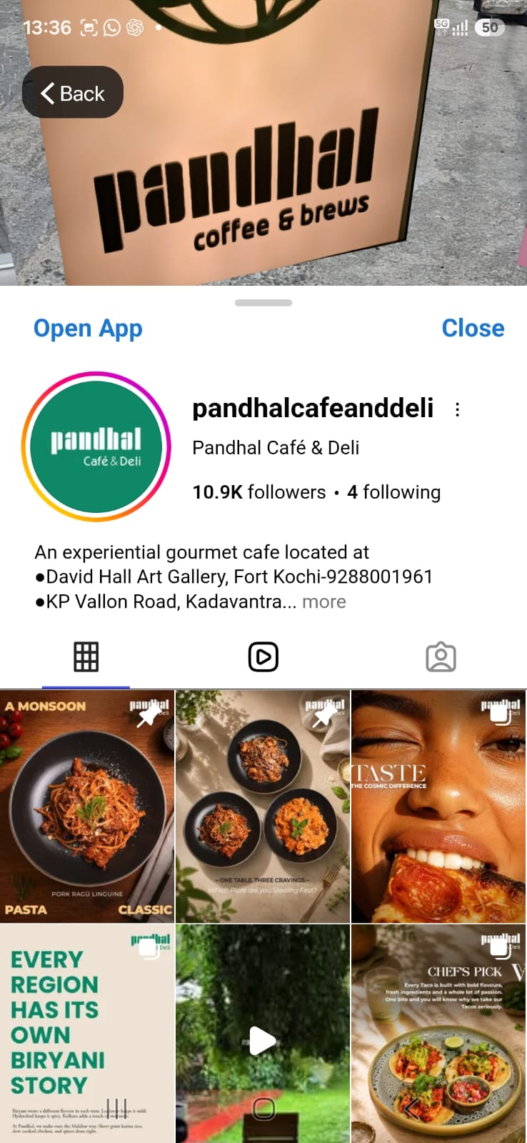 AR anchored café signage revealing an Instagram profile preview