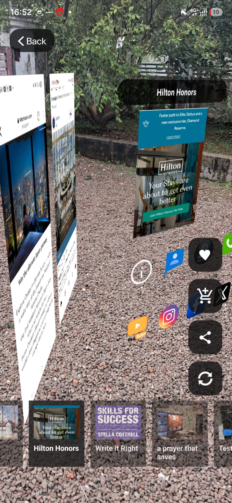 Spatial AR drop with Hilton Honors card and floating social icons anchored outdoors