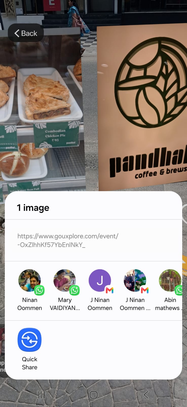 Share sheet from a UXplore anchored drop at a café